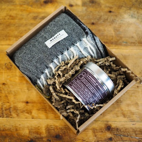 Scarve and Whiskey gift box. The Irish Collection Wool Scarf and Whiskey Scented Candle Gift Box | The Bearded Candle Makers